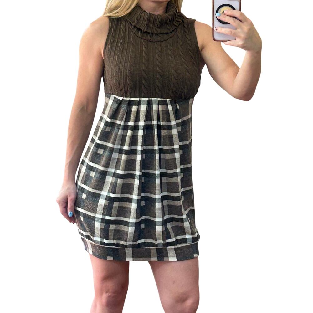 Love Culture Brown Wool-Blend Turtleneck Plaid Mini Dress S